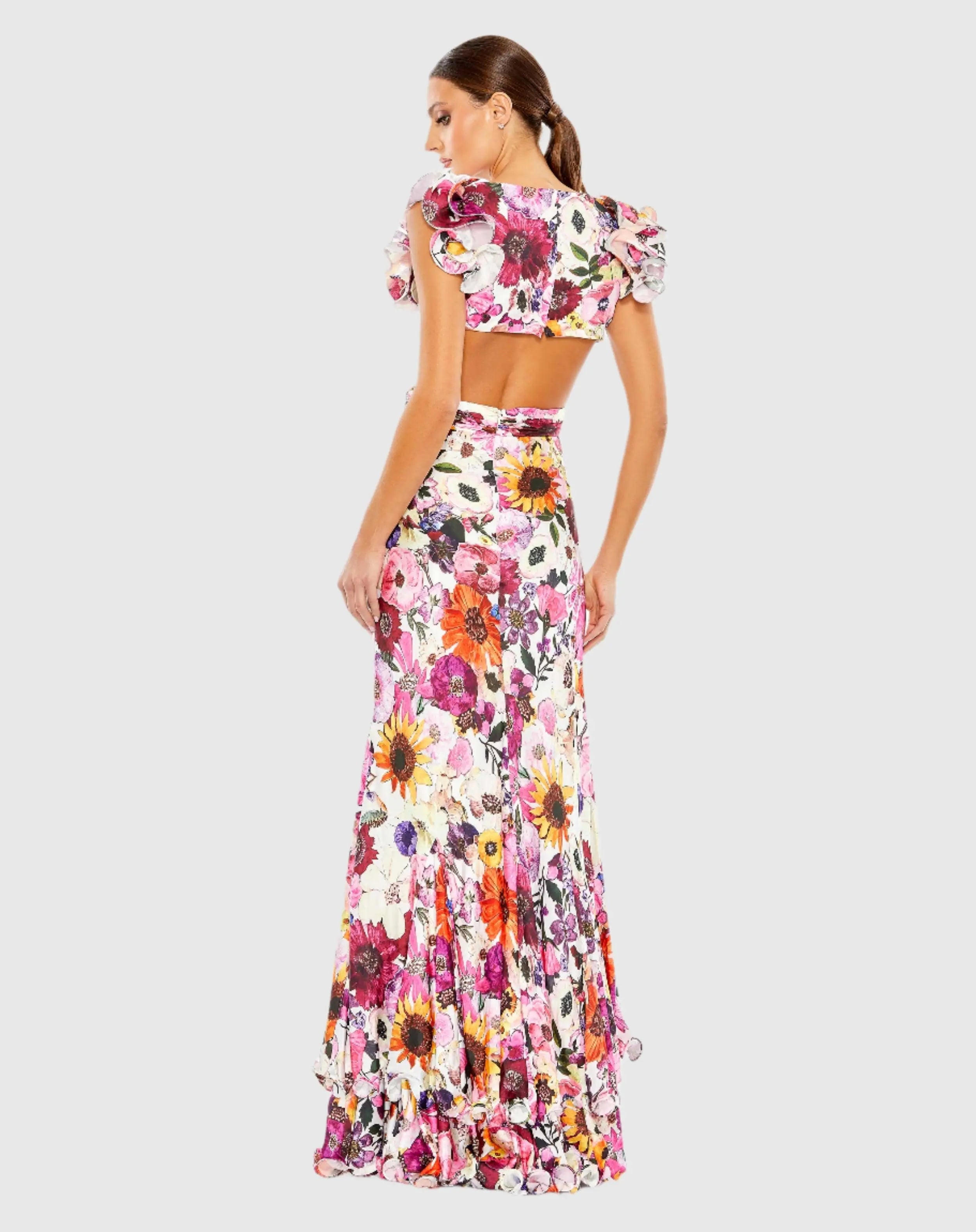 Multicolor Floral Print Ruffle Shoulder Cut Out Gown