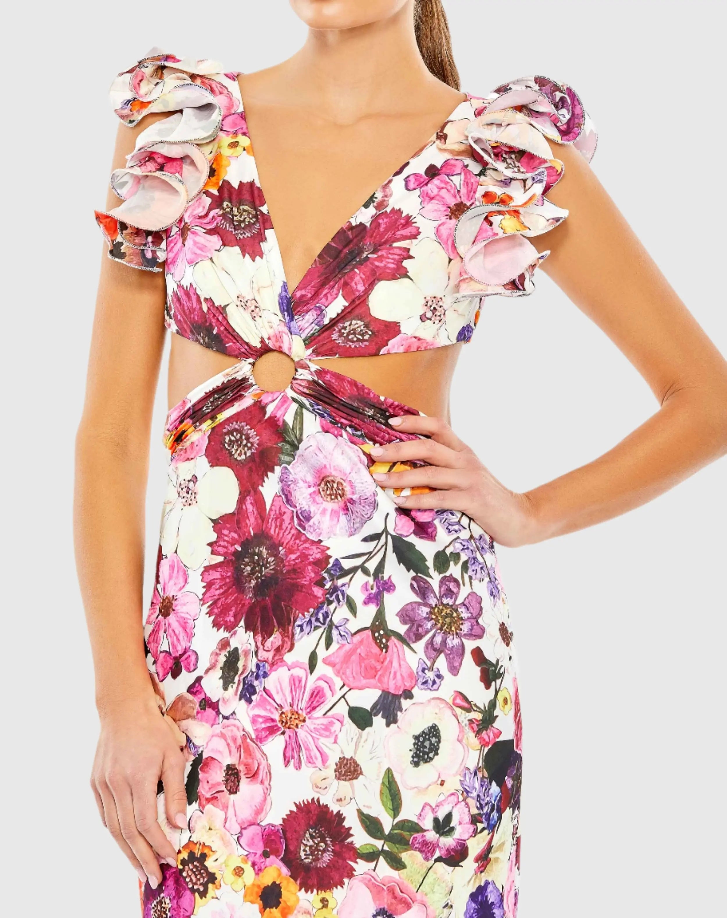 Multicolor Floral Print Ruffle Shoulder Cut Out Gown
