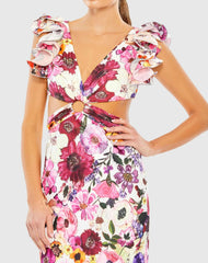 Multicolor Floral Print Ruffle Shoulder Cut Out Gown
