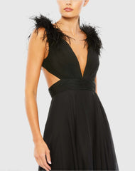 Black Plunge Ostrich Feather A Line Gown