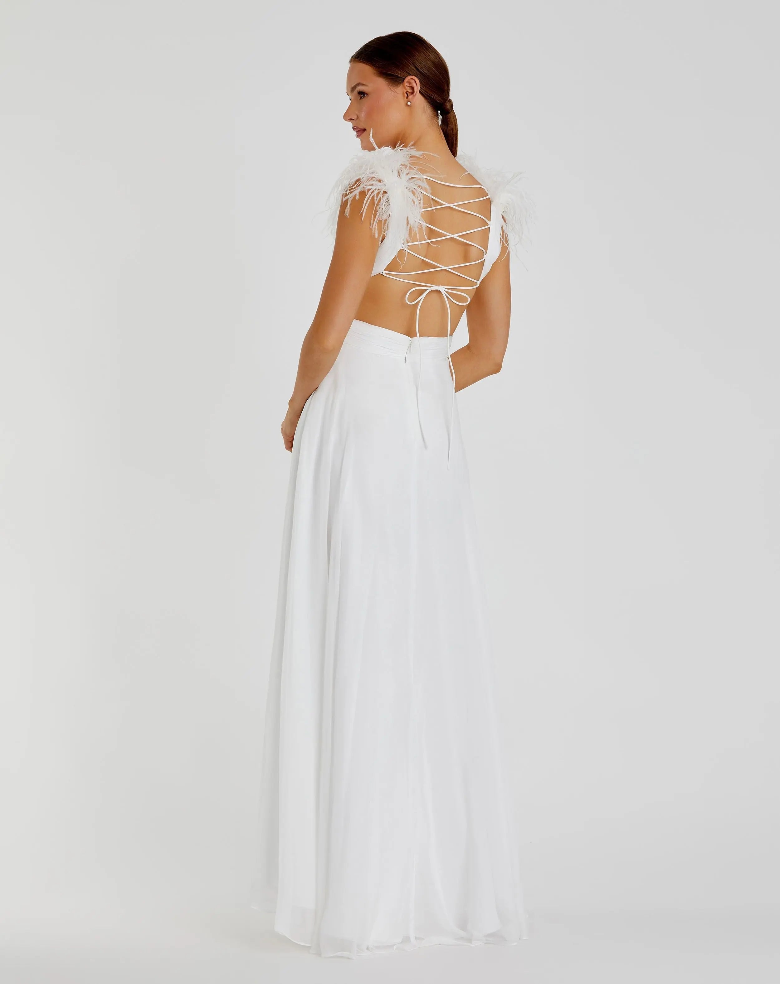 White Plunge Ostrich Feather A Line Gown