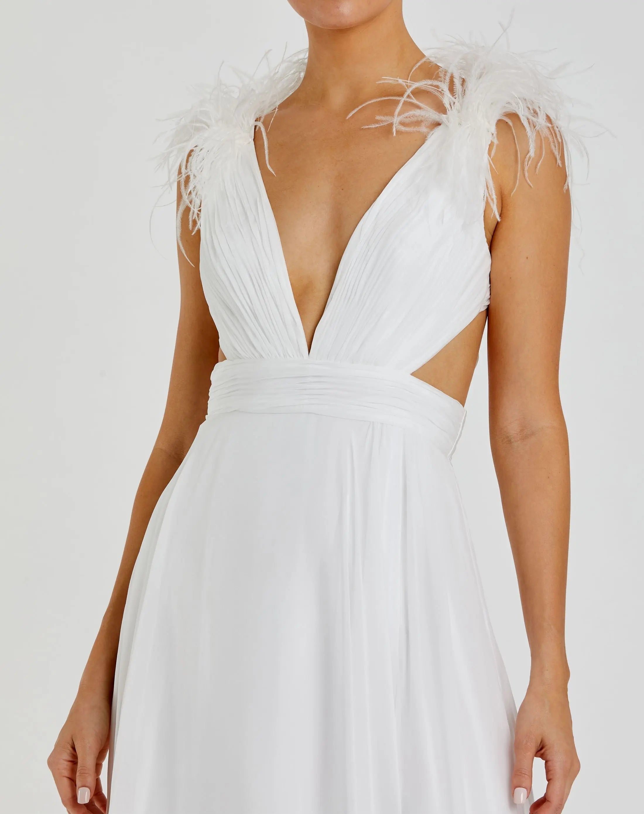 White Plunge Ostrich Feather A Line Gown