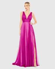 Purple Draped Sleeveless V Neck Flowy Gown