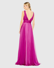 Purple Draped Sleeveless V Neck Flowy Gown