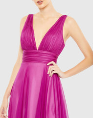 Purple Draped Sleeveless V Neck Flowy Gown