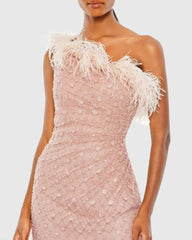 Pink Embellished One Shoulder Gown w/ Ostrich Feathers