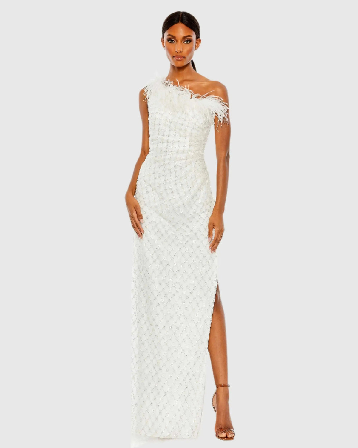 White Embellished One Shoulder Gown w/ Ostrich Feathers