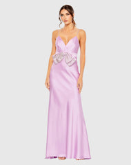 Purple Rhinestone Bow Cami Draped Trumpet Gown