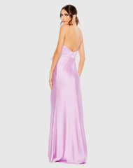 Purple Rhinestone Bow Cami Draped Trumpet Gown