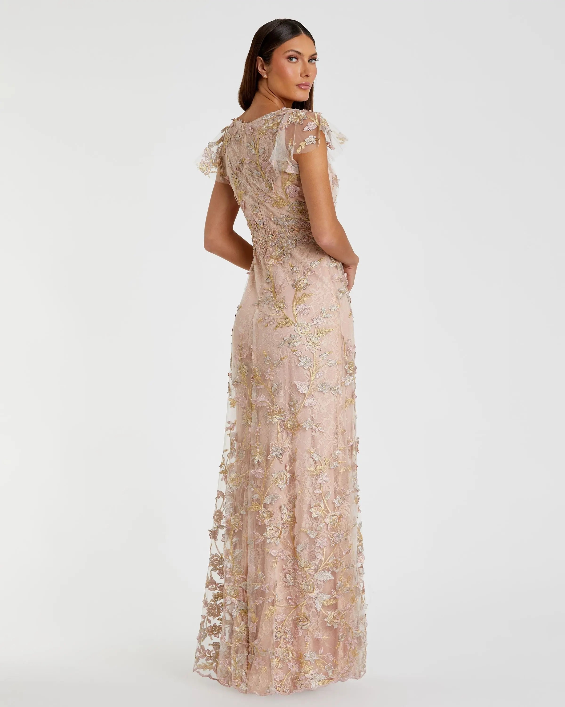 Pink Embroidered Applique Wrap Over Flutter Sleeve Gown