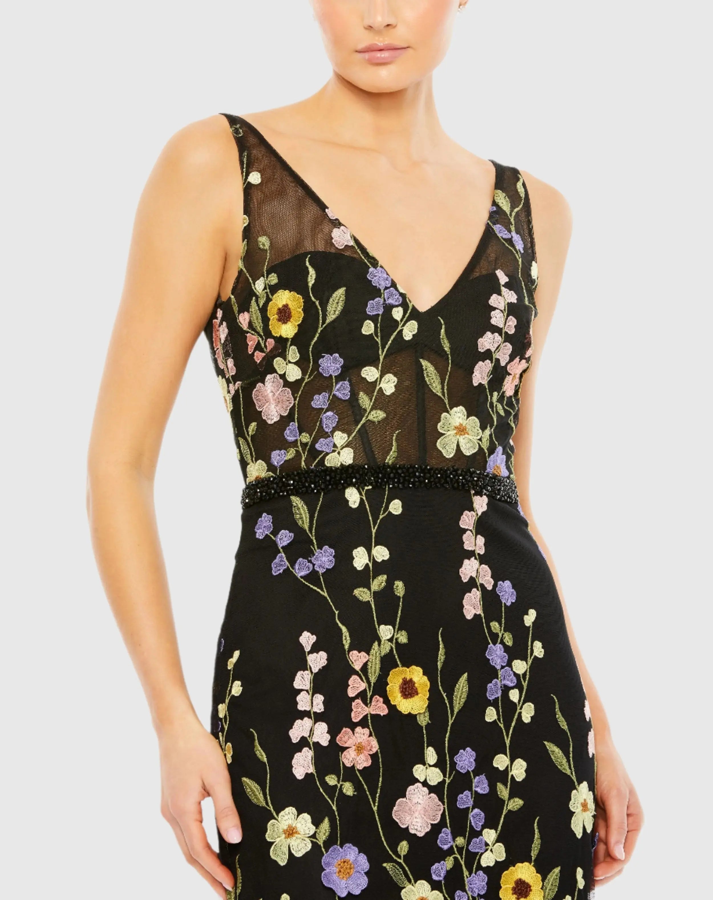 Black Embroidered Tulle Sleeveless V Neck A Line Gown