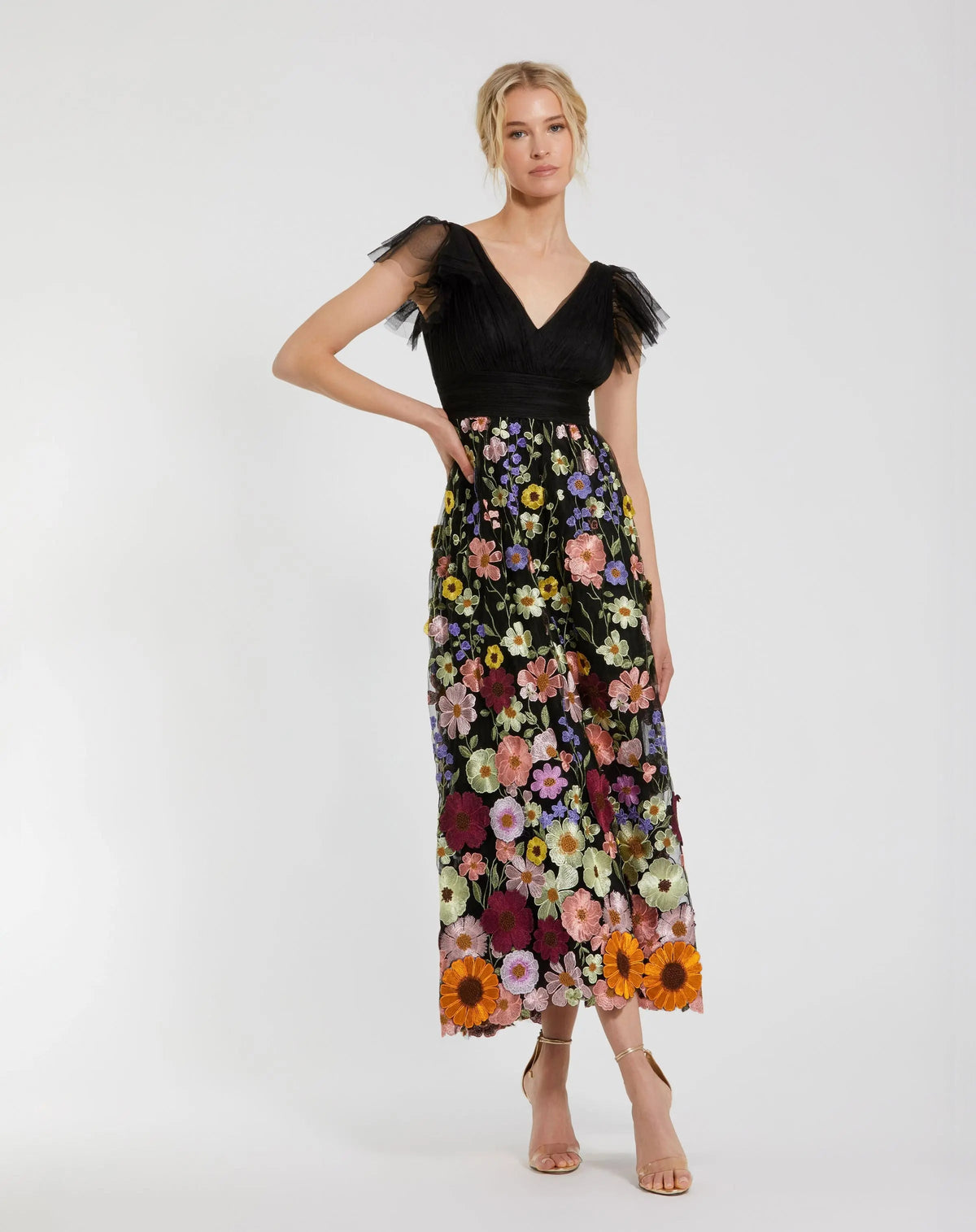 Black Multicolor Embroidered Flutter Sleeve Floral Dress
