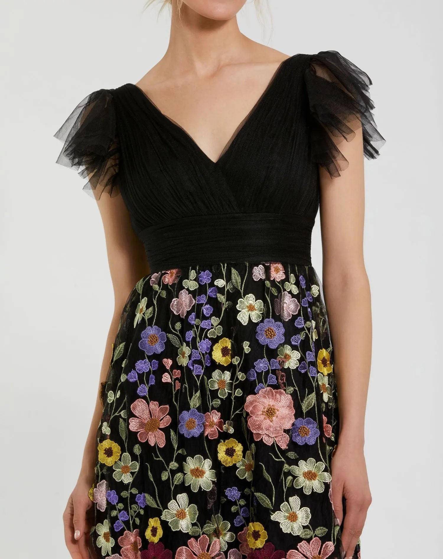 Black Multicolor Embroidered Flutter Sleeve Floral Dress
