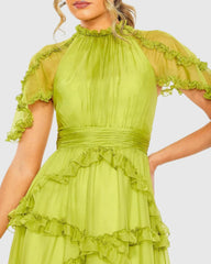 Green Chiffon Flutter Sleeve Gown