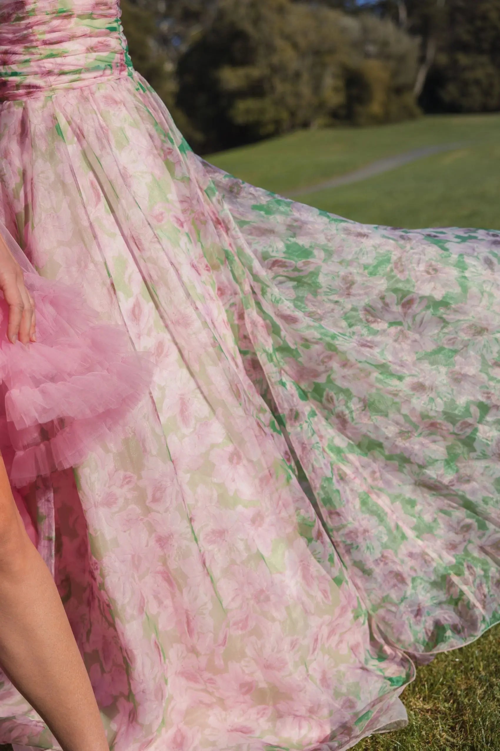 Pink Strapless Chiffon Gown With Ruffle Detail