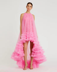 Tulle High Neck Sleeveless Ruffled Hem Hi-Low Gown