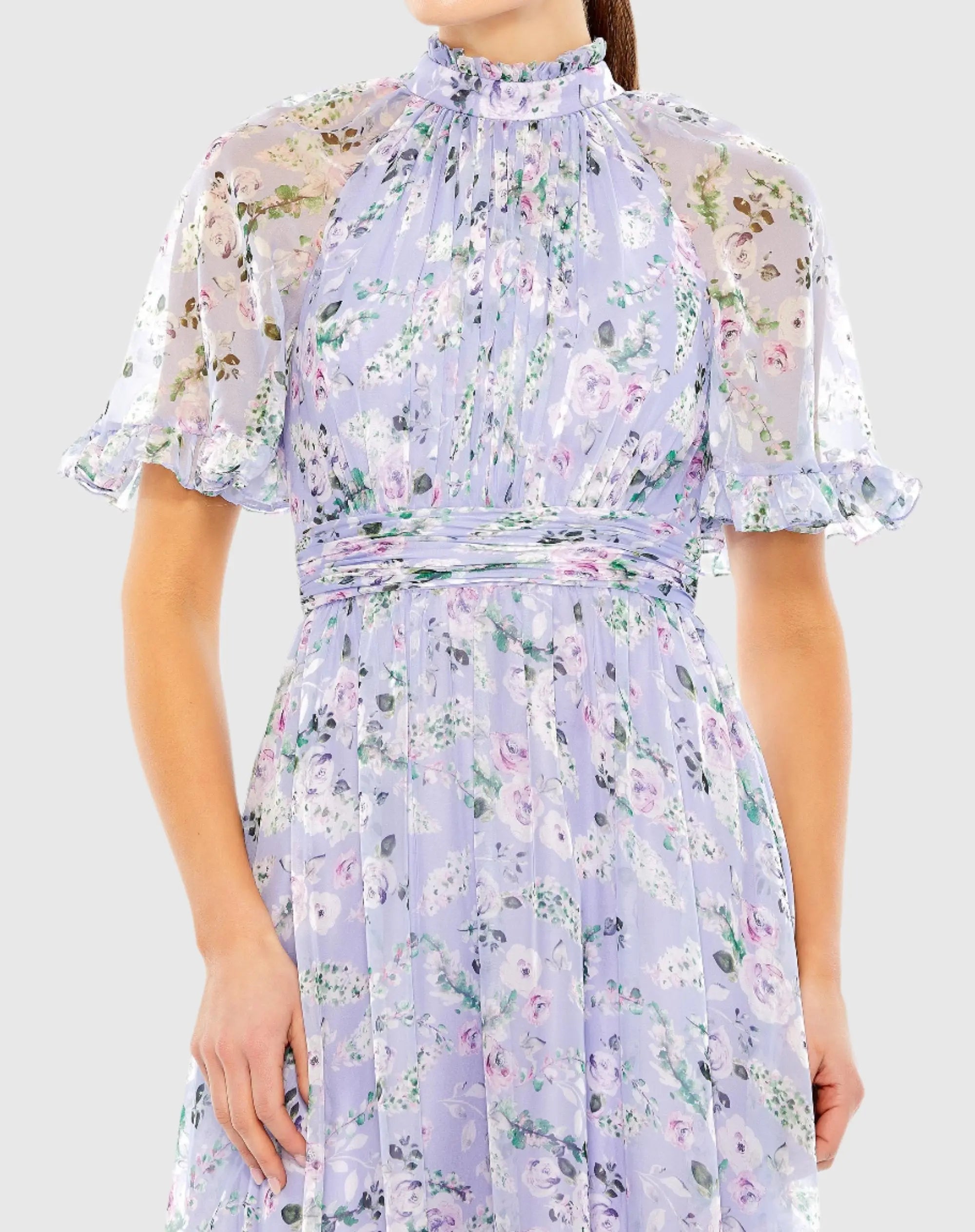 Purple Floral Print High Neck Raglan Sleeve Dress