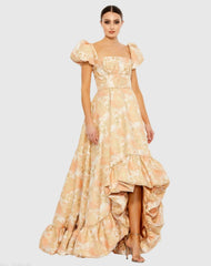 Floral Print Puff Sleeve High Low Brocade Gown