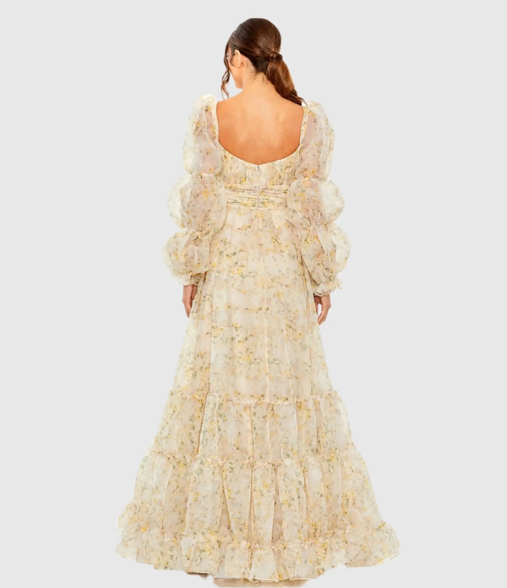 Multicolor Sweetheart Balloon Sleeve Chiffon Tiered Gown