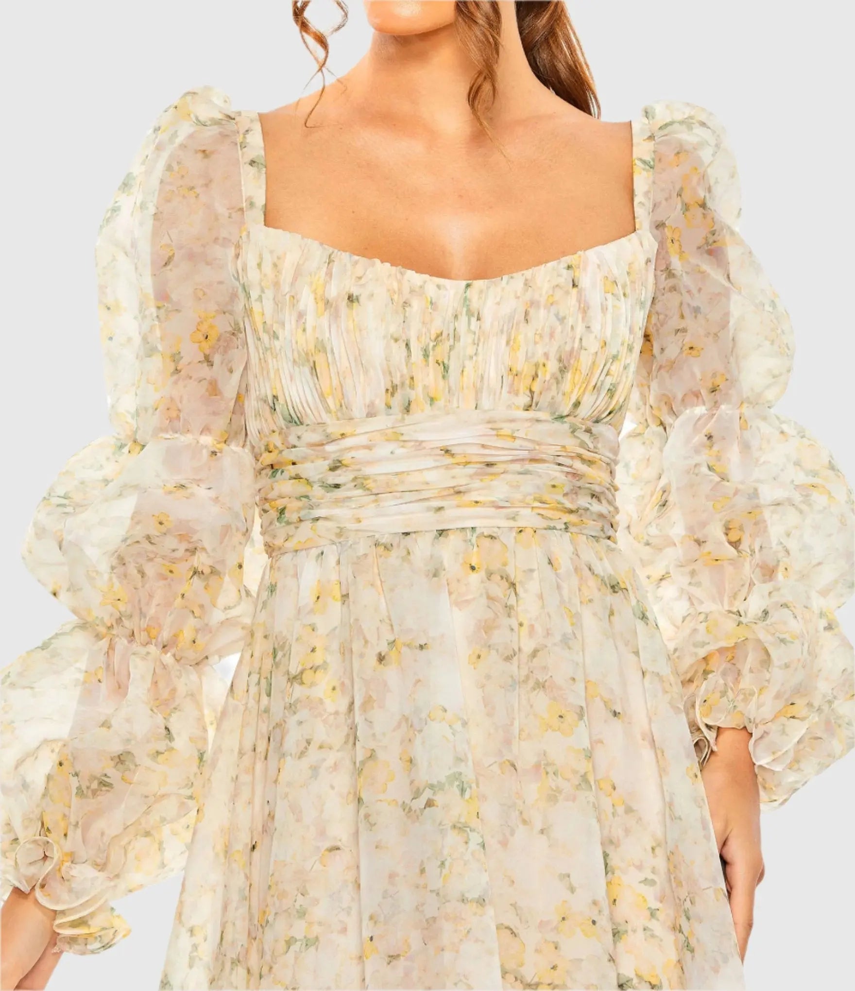 Multicolor Sweetheart Balloon Sleeve Chiffon Tiered Gown