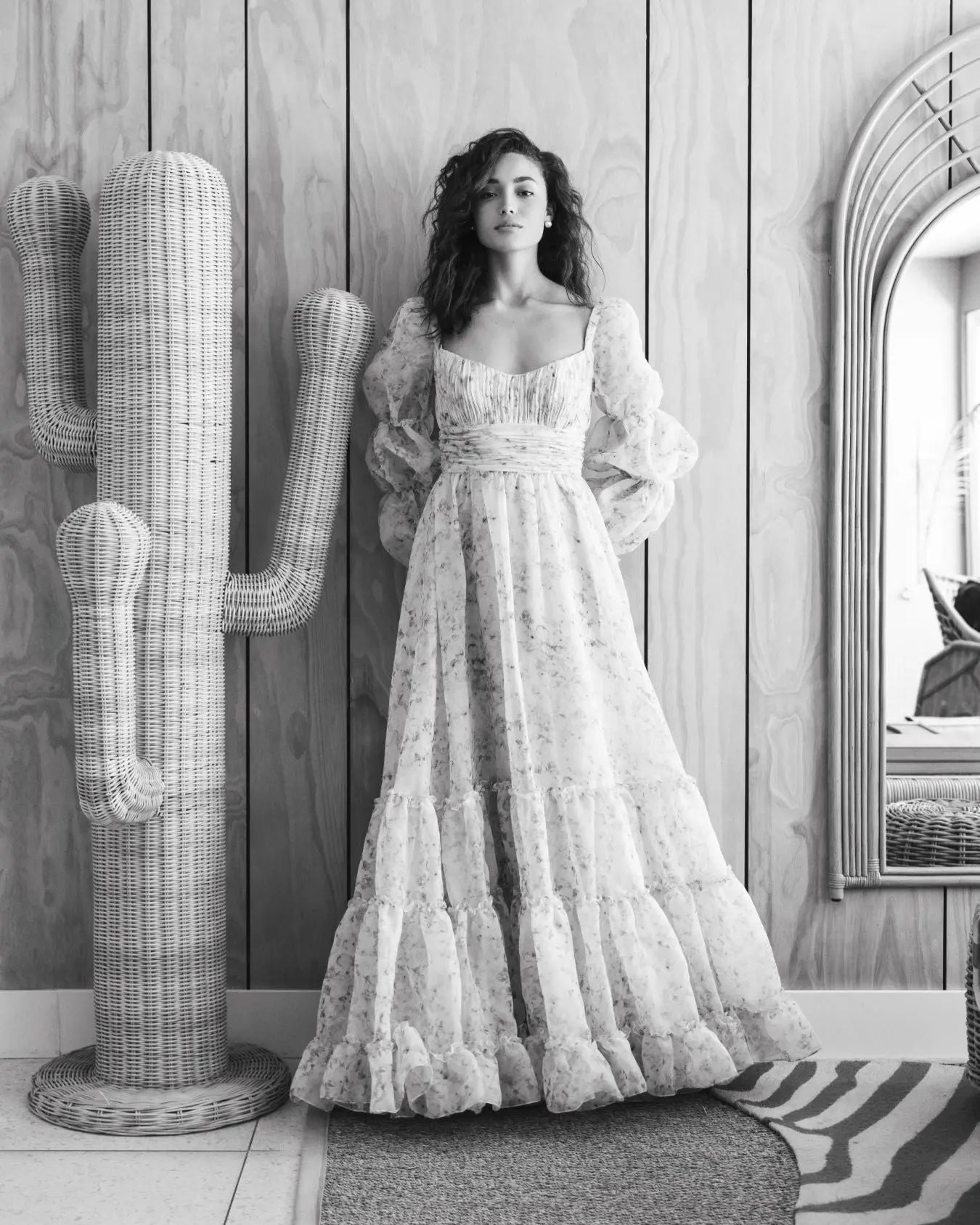 Multicolor Sweetheart Balloon Sleeve Chiffon Tiered Gown