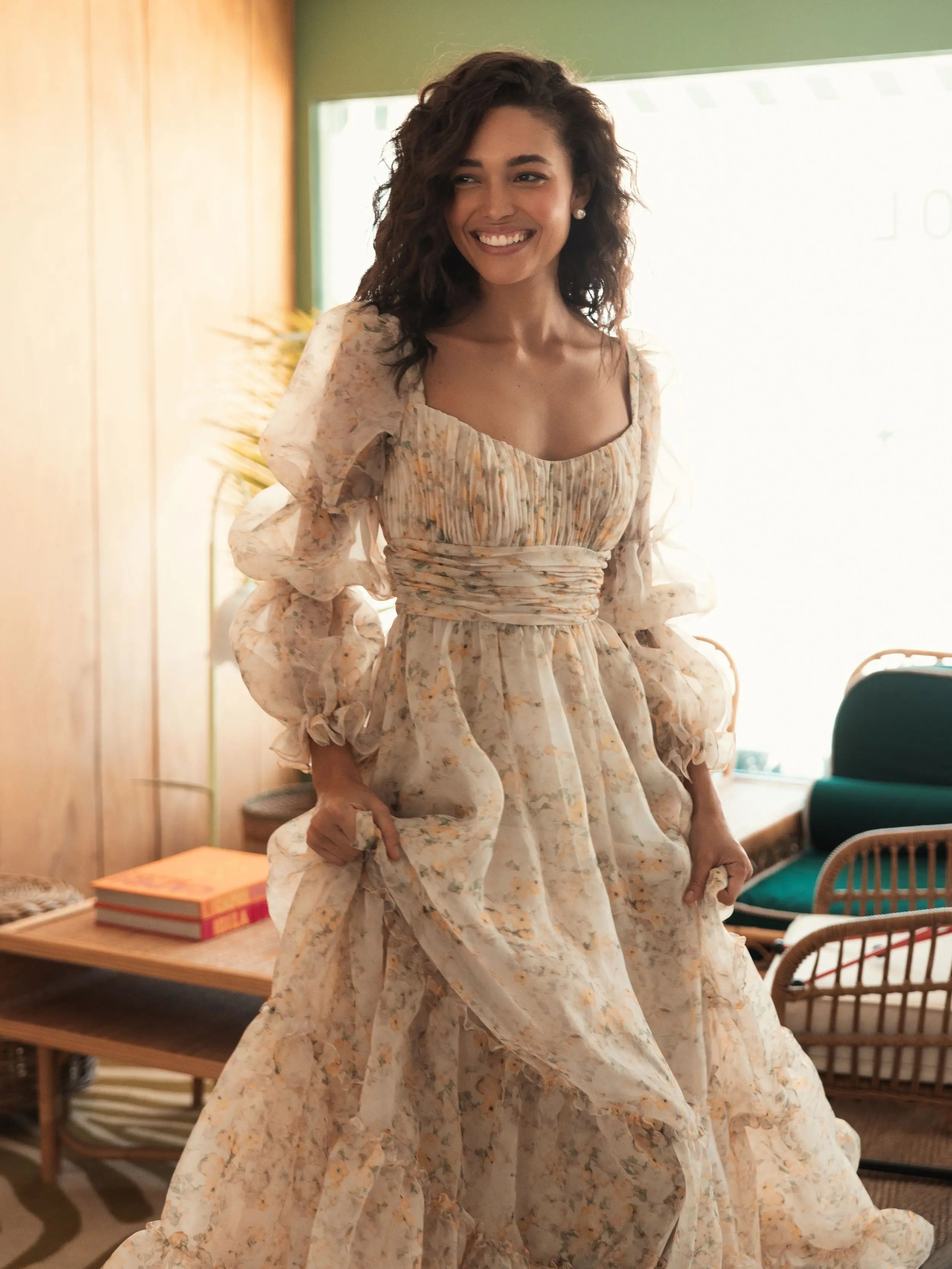 Multicolor Sweetheart Balloon Sleeve Chiffon Tiered Gown