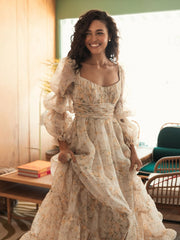 Multicolor Sweetheart Balloon Sleeve Chiffon Tiered Gown