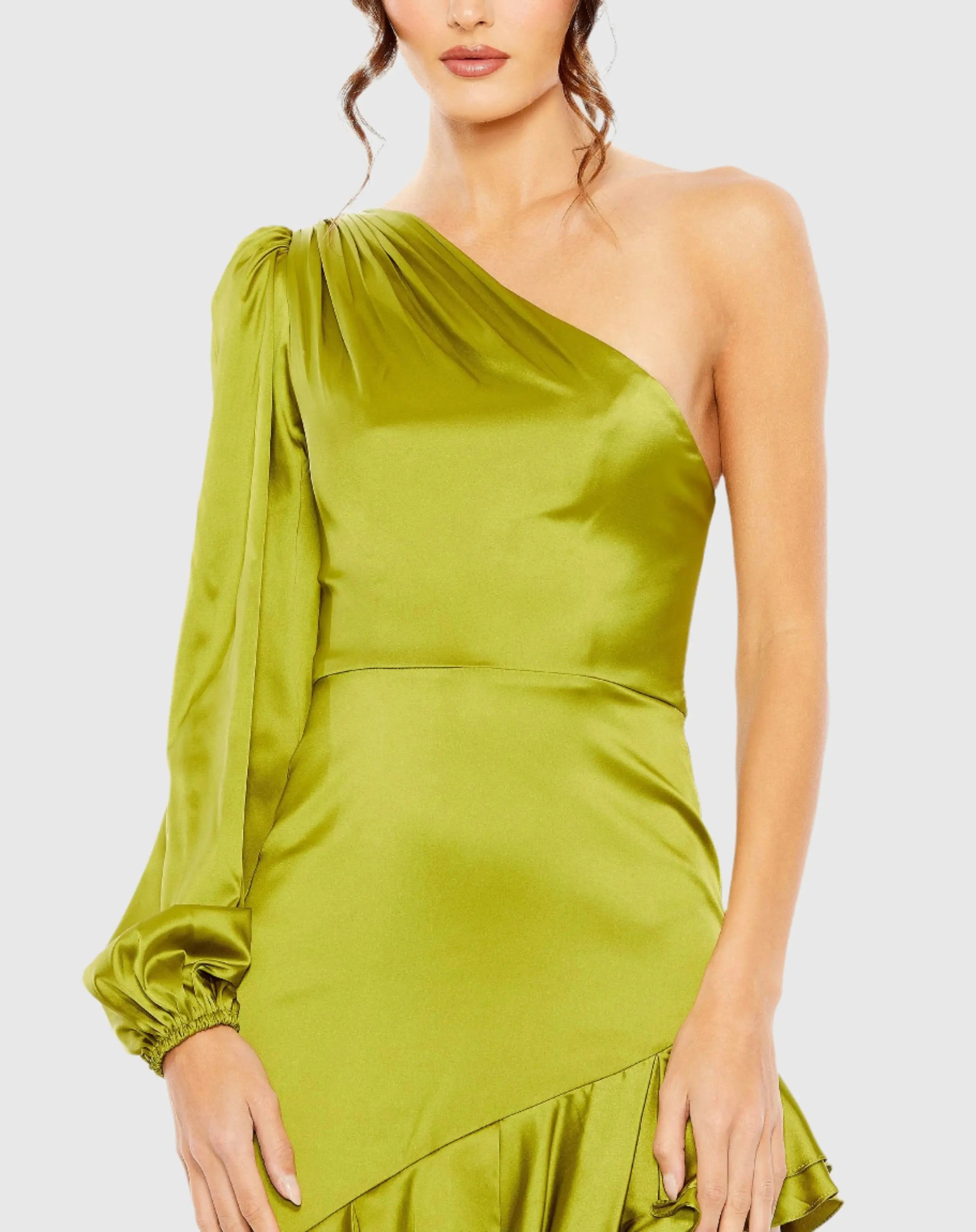 Green Charmeuse One Sleeve Ruffled Asymmetrical Gown