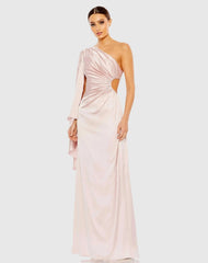 Pink One Shoulder Bell Sleeve Draped Gown