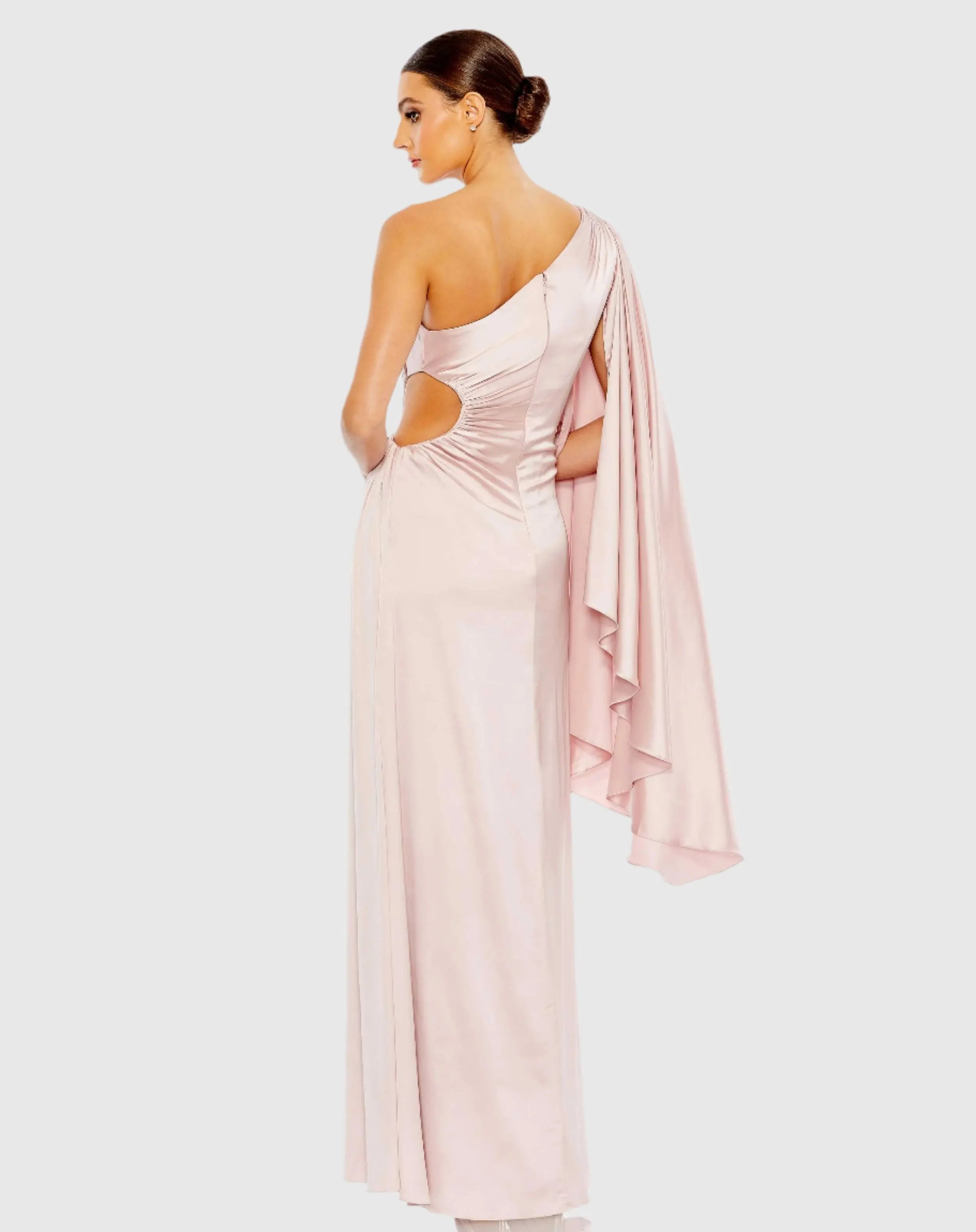 Pink One Shoulder Bell Sleeve Draped Gown