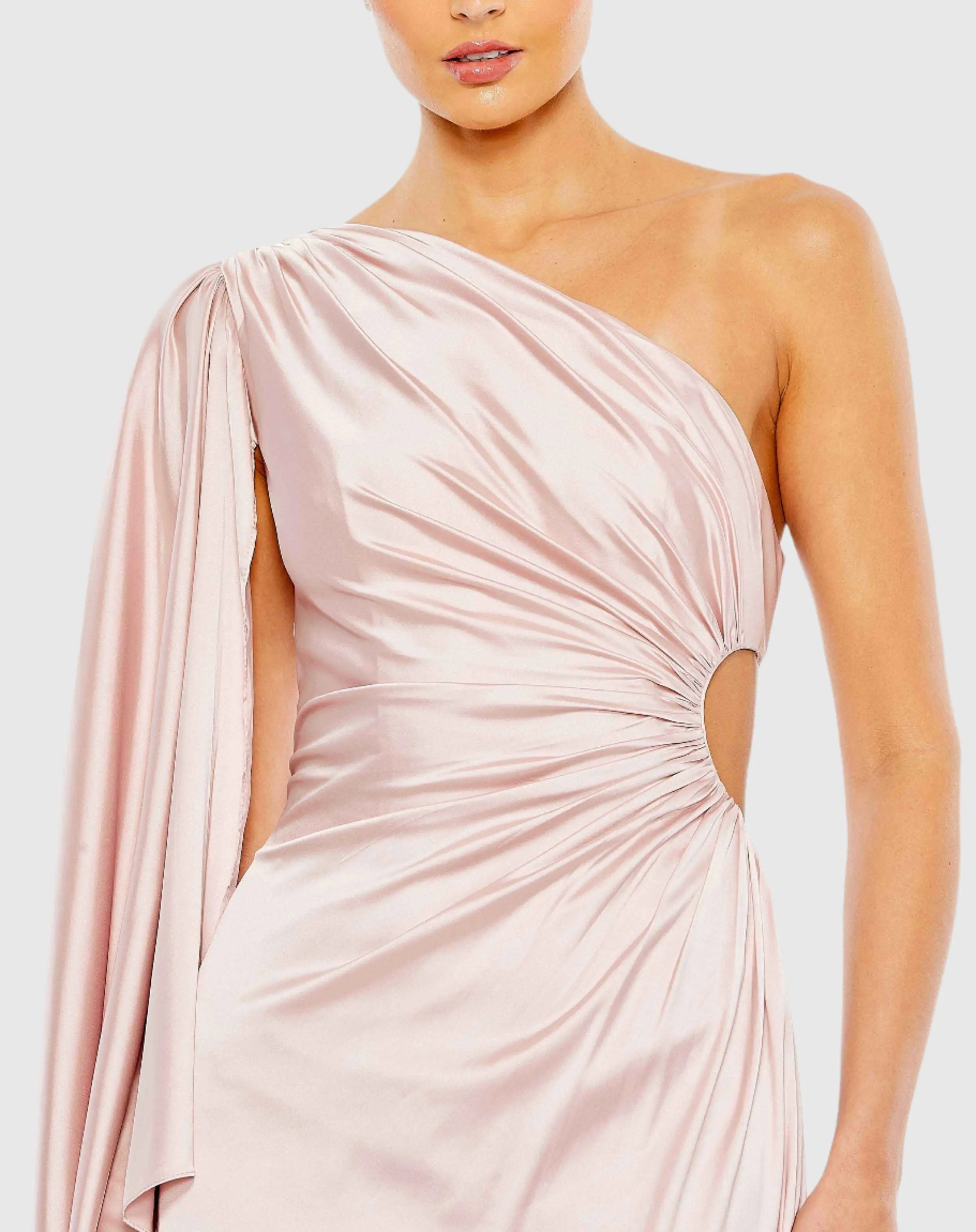 Pink One Shoulder Bell Sleeve Draped Gown