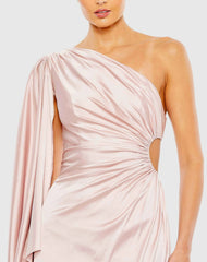 Pink One Shoulder Bell Sleeve Draped Gown