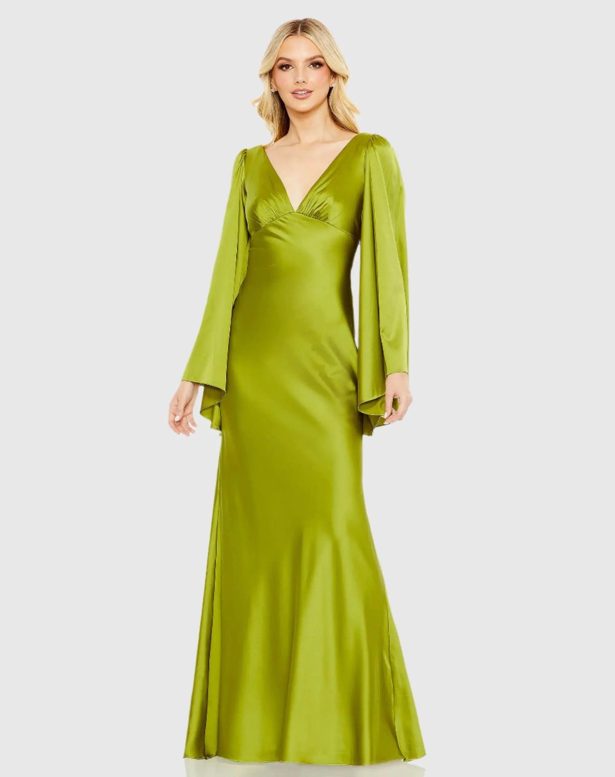 Green Charmeuse Bell Sleeve Empire Waist Gown