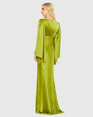 Green Charmeuse Bell Sleeve Empire Waist Gown
