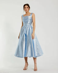 Blue Taffeta Square Neck Sleeveless A-Line Midi Dress
