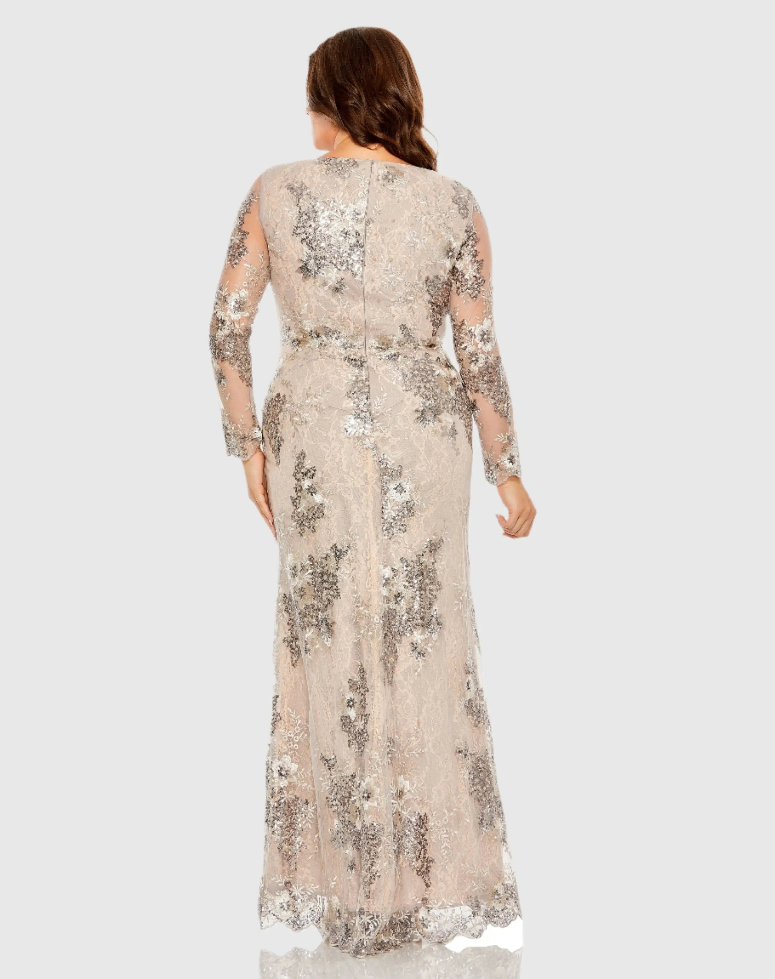 Beige V Neck Mesh Long Sleeve Embroidered Gown