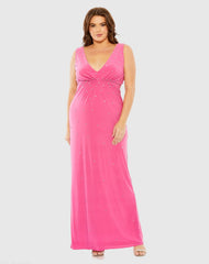 Pink Rhinestone Embellished Open Back Jersey Gown (Plus)