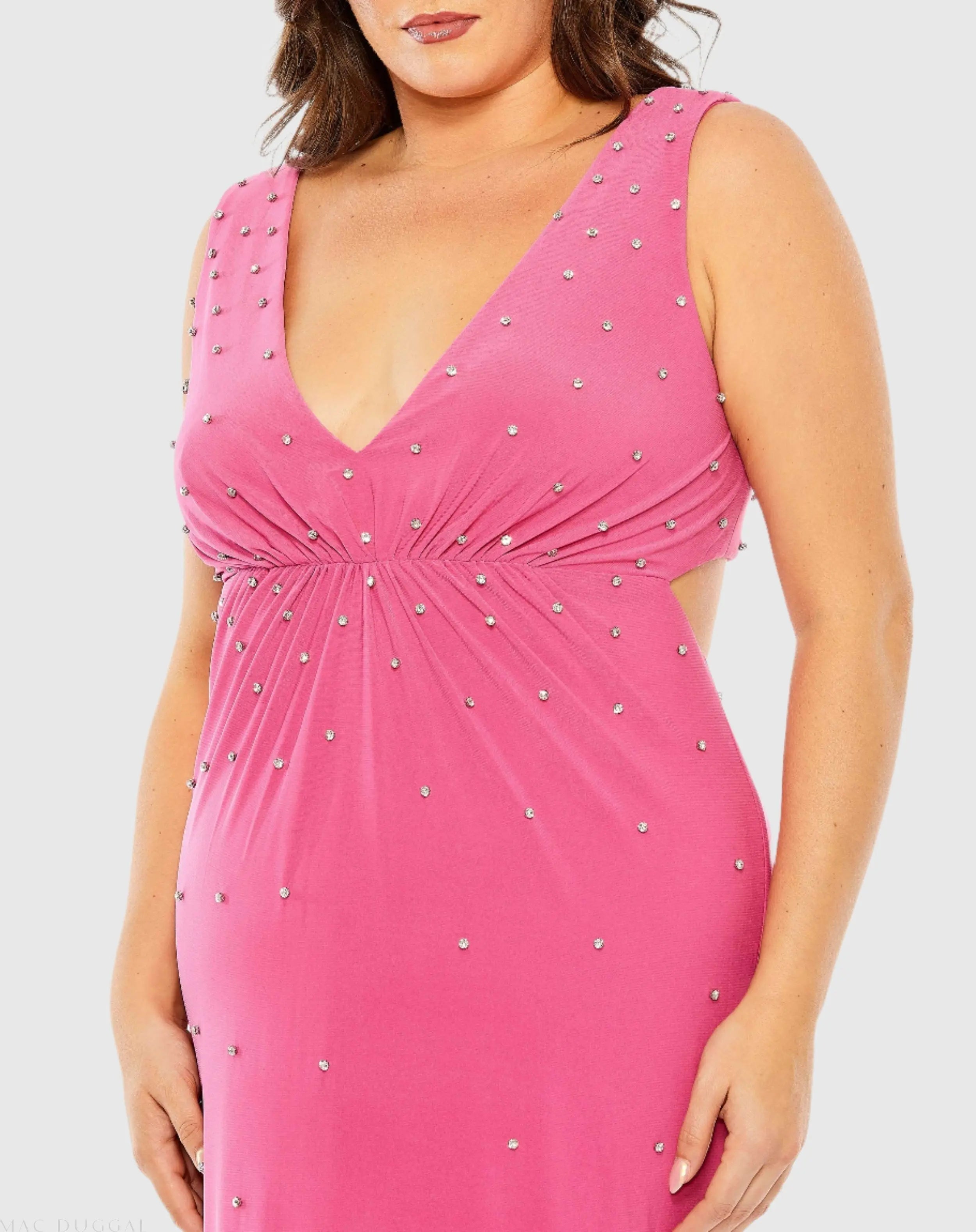 Pink Rhinestone Embellished Open Back Jersey Gown (Plus)
