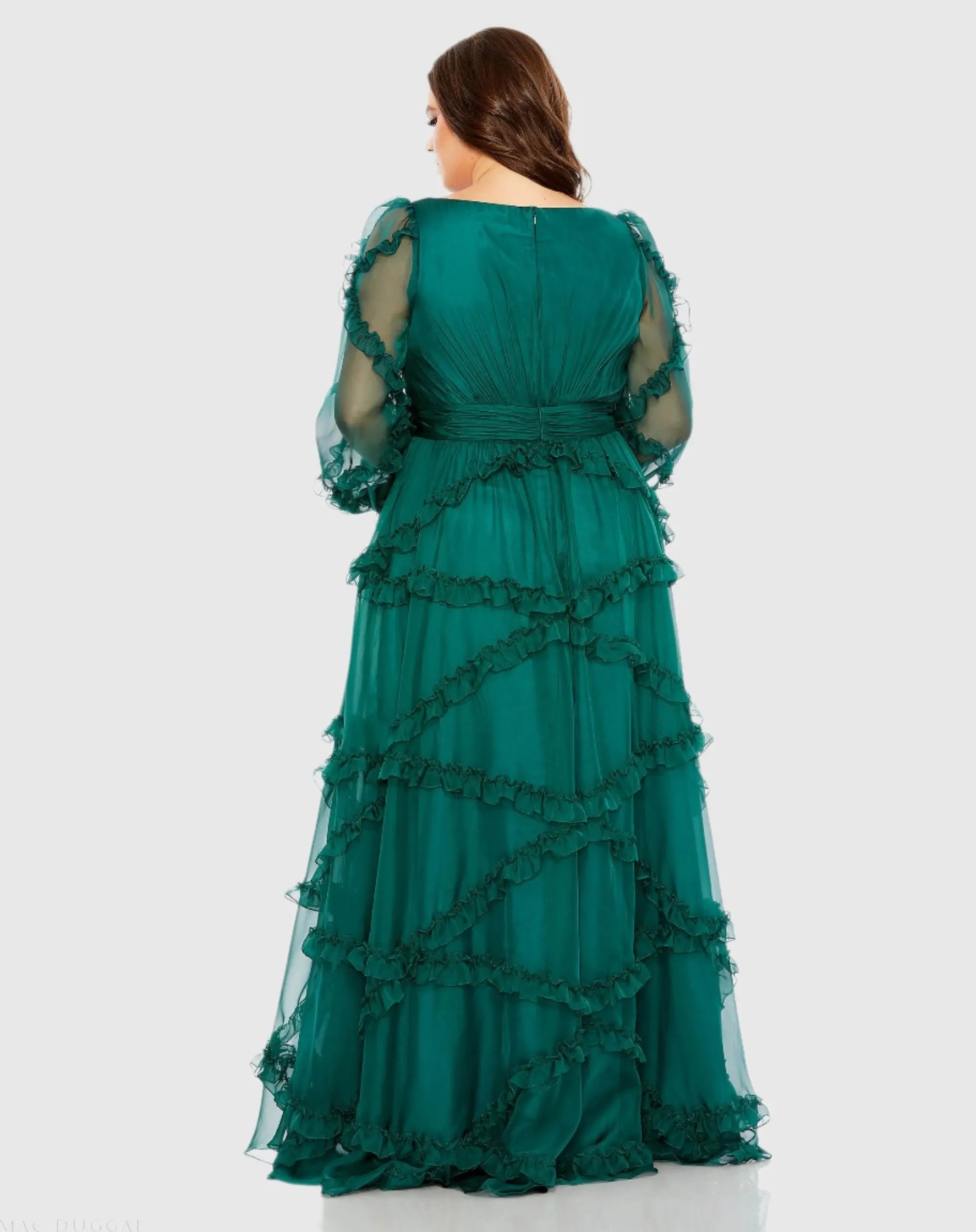 Green V Neck Ruffle Tiered Puff Sleeve Gown (Plus)