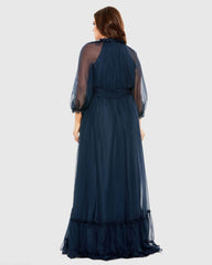 Navy High Neck Puff Sleeve Tiered A Line Gown (Plus)