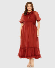 Red Sheer Puff Sleeve Dress