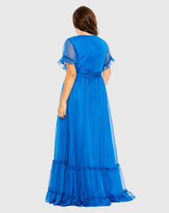Blue Chiffon Flutter Sleeve A-line Dress (Plus)