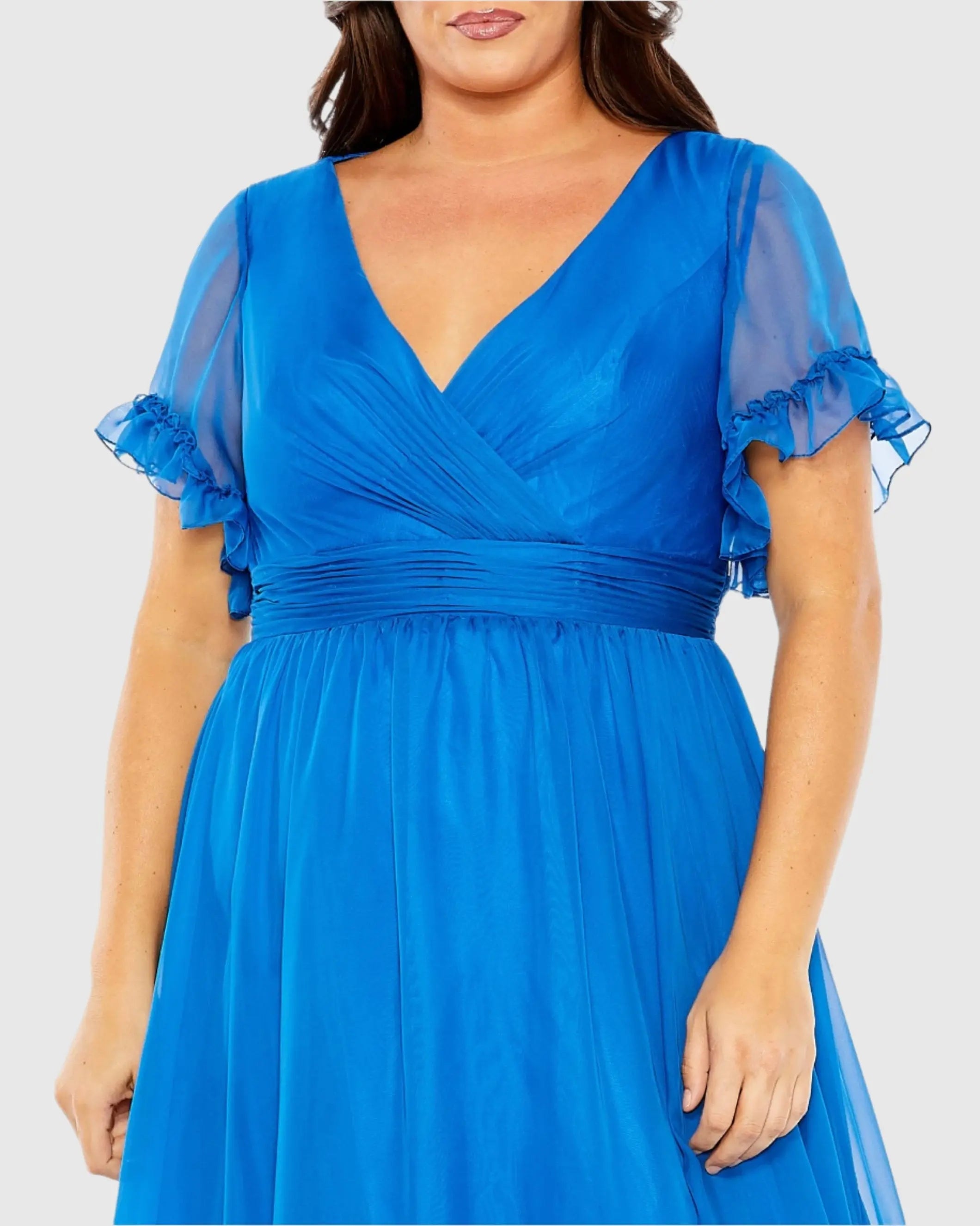 Blue Chiffon Flutter Sleeve A-line Dress (Plus)
