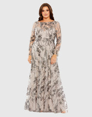 Beige Embroidered Long Sleeve A Line Gown (Plus)