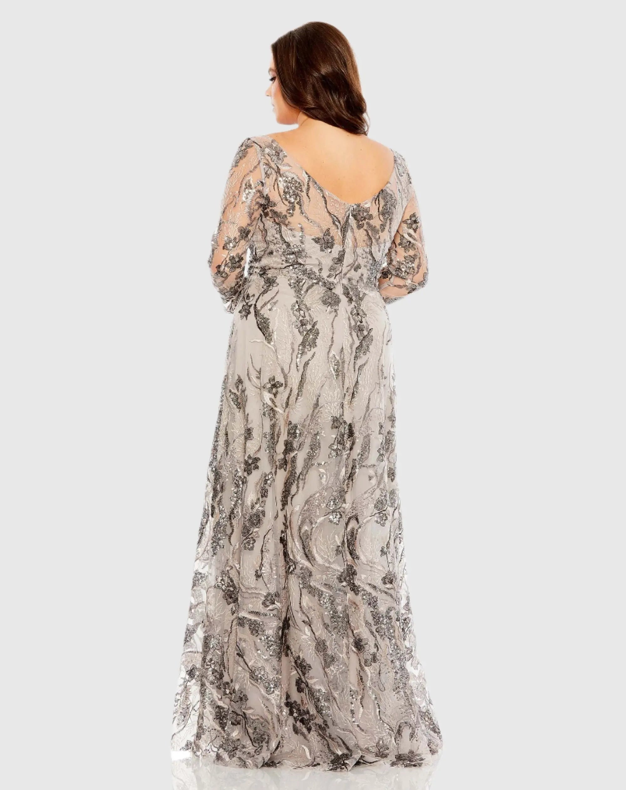 Beige Embroidered Long Sleeve A Line Gown (Plus)