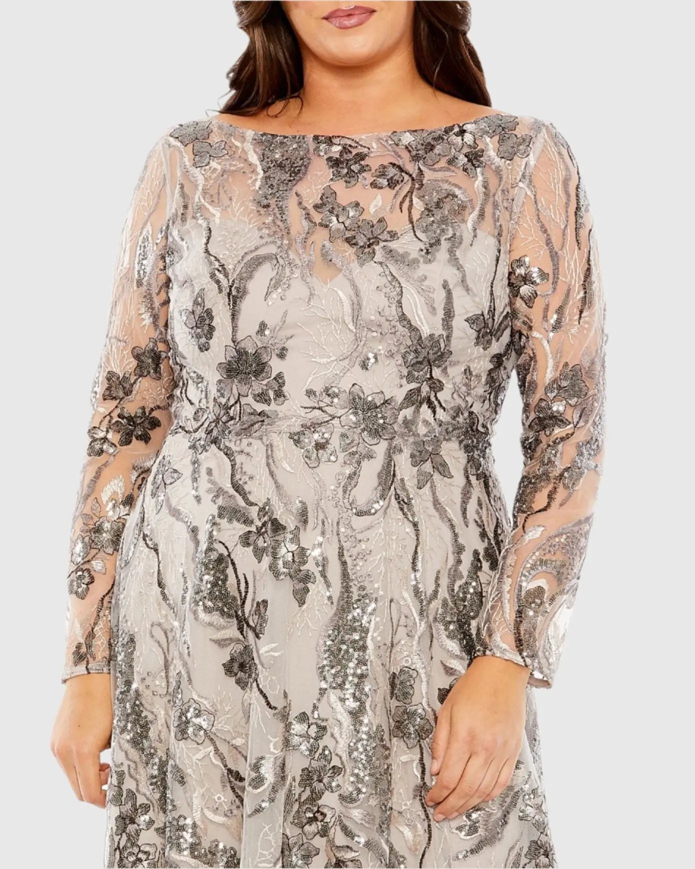 Beige Embroidered Long Sleeve A Line Gown (Plus)