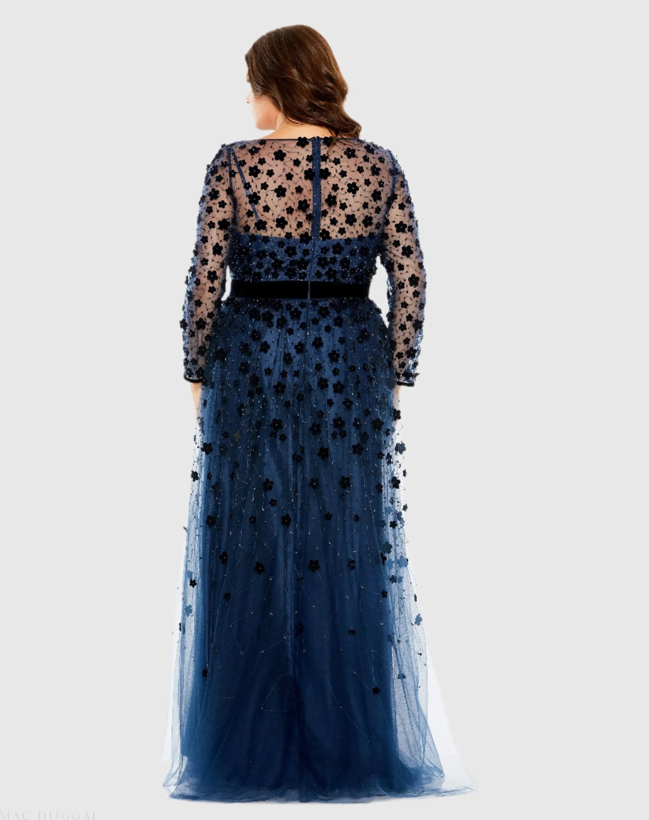 Navy Floral Applique Long Sleeve A Line Gown