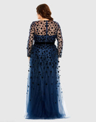 Navy Floral Applique Long Sleeve A Line Gown