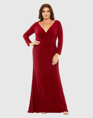Red Long Sleeve V-Neck Faux Wrap Gown (Plus)