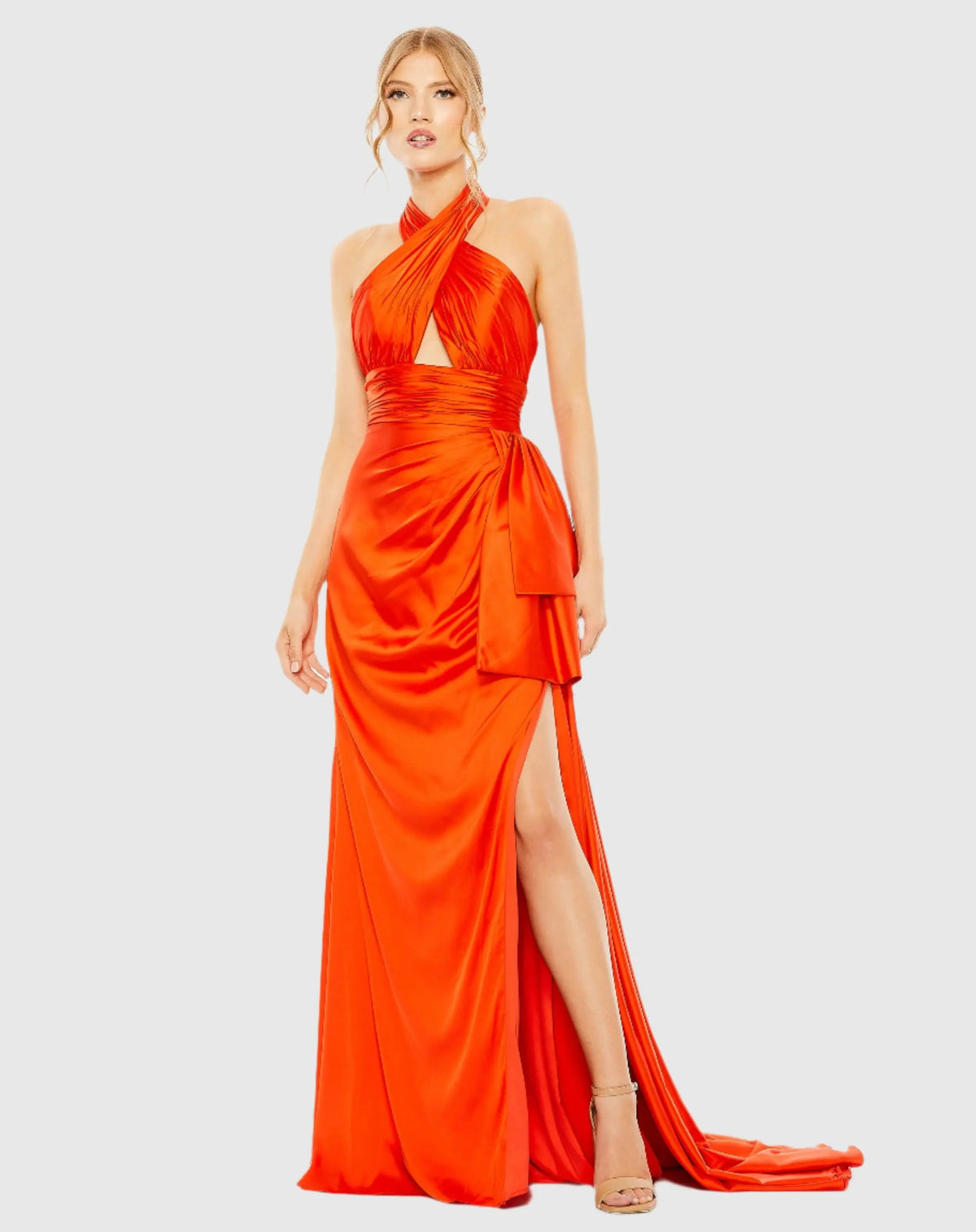 Orange Halter Neck Ruffle Side Slit Gown